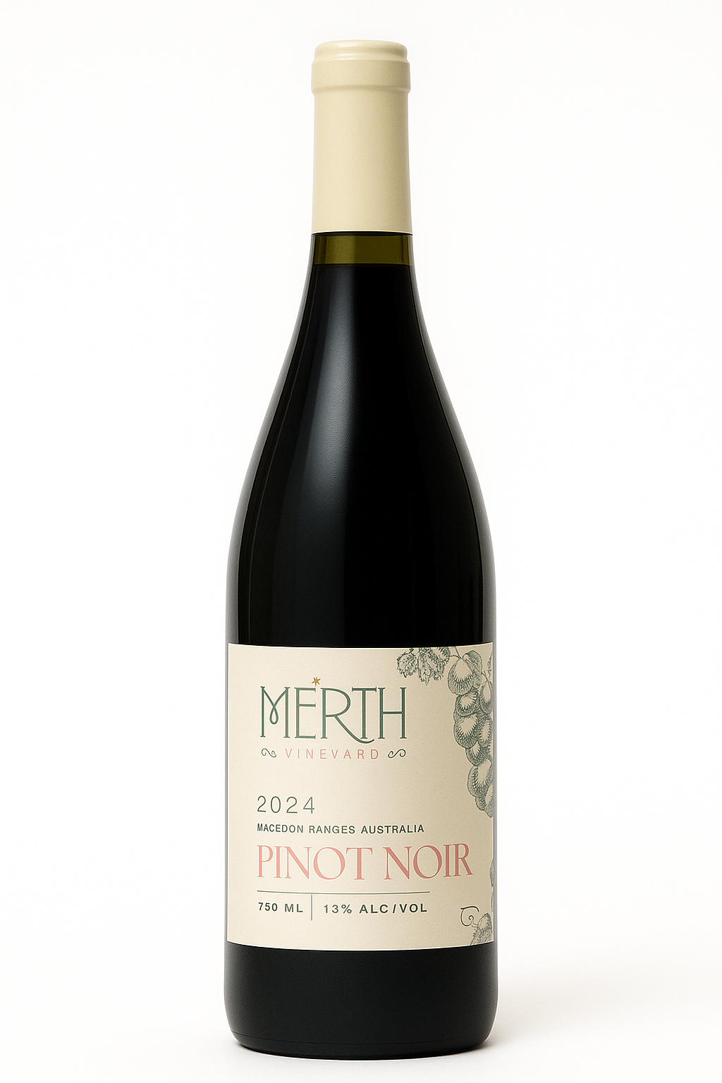 Merth Pinot Noir wine bottle on a white background