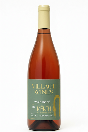 Merth Village Wines Rose bottle on a white background.